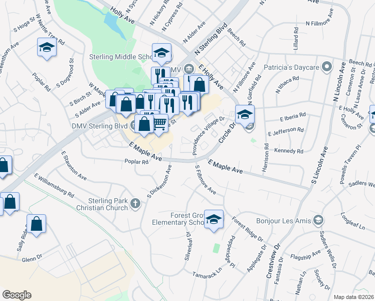 map of restaurants, bars, coffee shops, grocery stores, and more near 87 Sudbury Square in Sterling