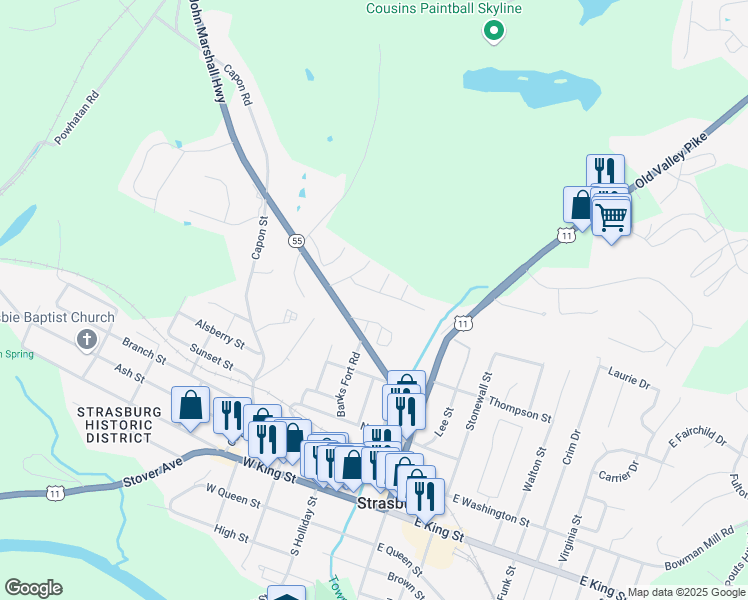 map of restaurants, bars, coffee shops, grocery stores, and more near 608 Pendleton Lane in Strasburg