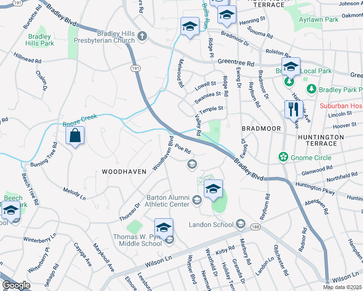 map of restaurants, bars, coffee shops, grocery stores, and more near 6315 Poe Road in Bethesda