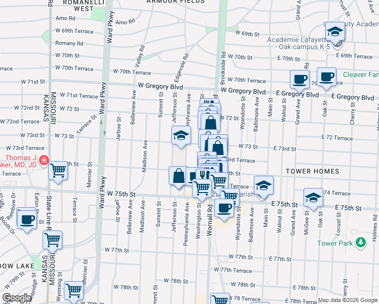 map of restaurants, bars, coffee shops, grocery stores, and more near 7313 Pennsylvania Avenue in Kansas City