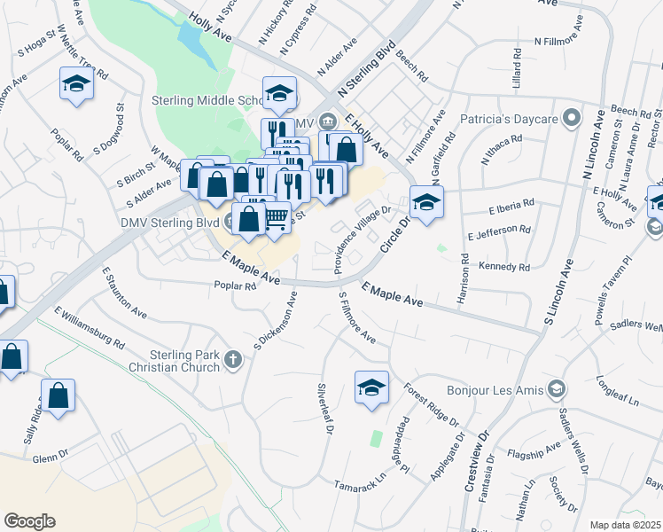 map of restaurants, bars, coffee shops, grocery stores, and more near 91 Sudbury Square in Sterling