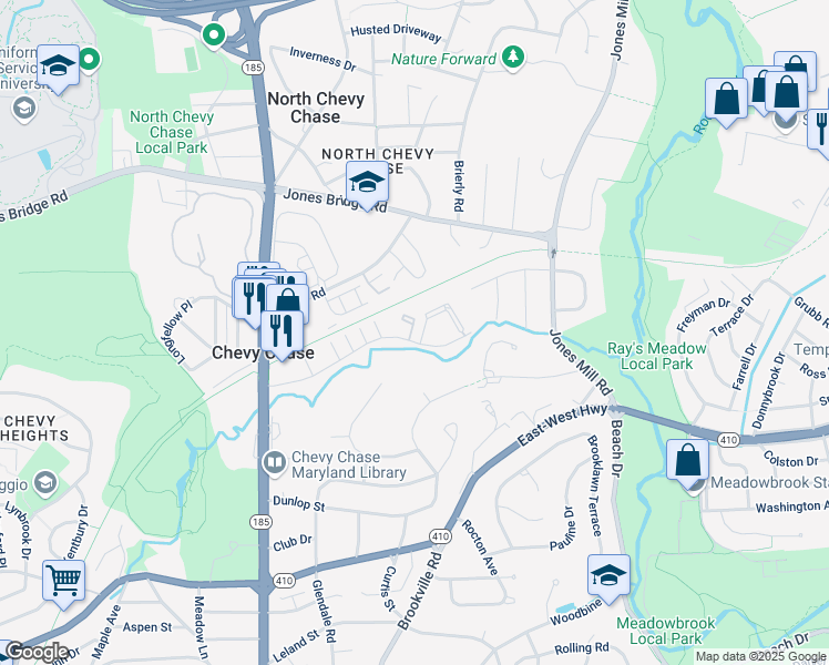 map of restaurants, bars, coffee shops, grocery stores, and more near 3583 Hamlet Place in Chevy Chase