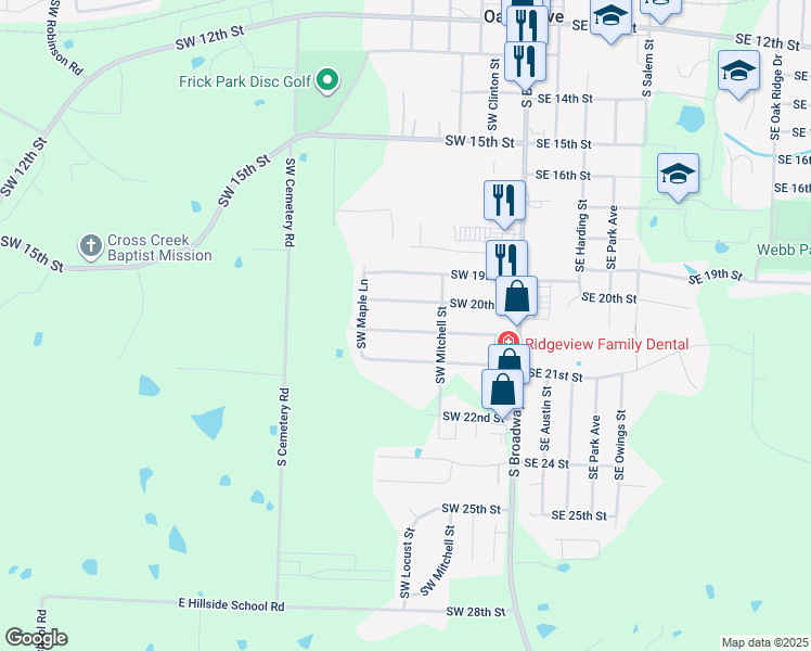 map of restaurants, bars, coffee shops, grocery stores, and more near 208 Southwest 20th Terrace in Oak Grove