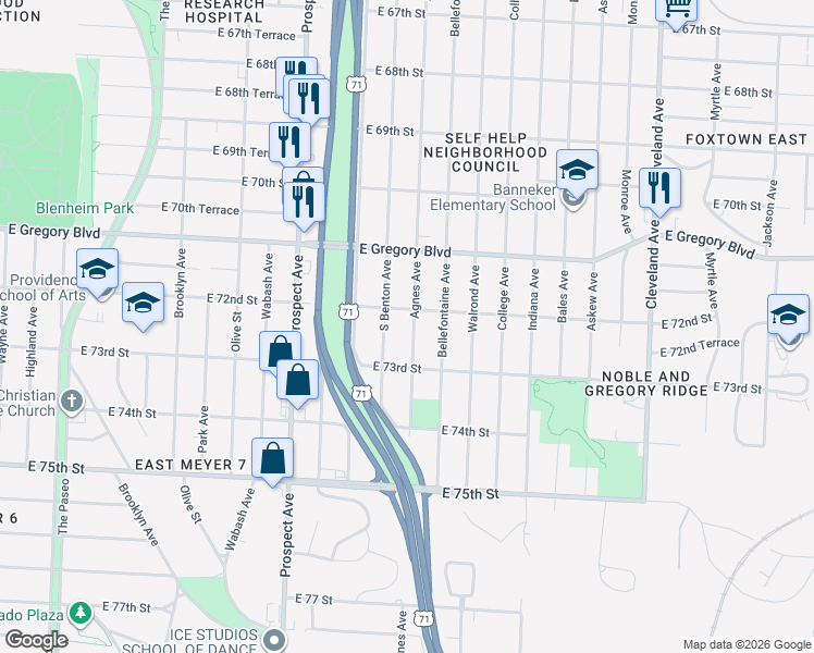 map of restaurants, bars, coffee shops, grocery stores, and more near 7212 Agnes Avenue in Kansas City