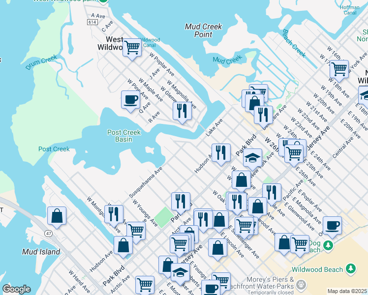 map of restaurants, bars, coffee shops, grocery stores, and more near 441 West Wildwood Avenue in Wildwood