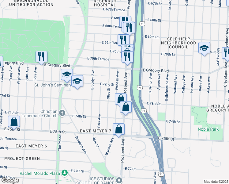 map of restaurants, bars, coffee shops, grocery stores, and more near 7220 Wabash Avenue in Kansas City