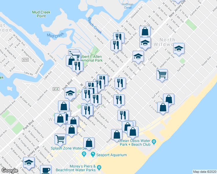 map of restaurants, bars, coffee shops, grocery stores, and more near 106A East 23rd Avenue in Wildwood