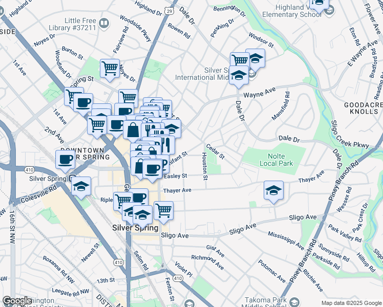 map of restaurants, bars, coffee shops, grocery stores, and more near 818 Bonifant Street in Silver Spring