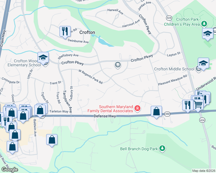 map of restaurants, bars, coffee shops, grocery stores, and more near 1789 Rochester Street in Crofton
