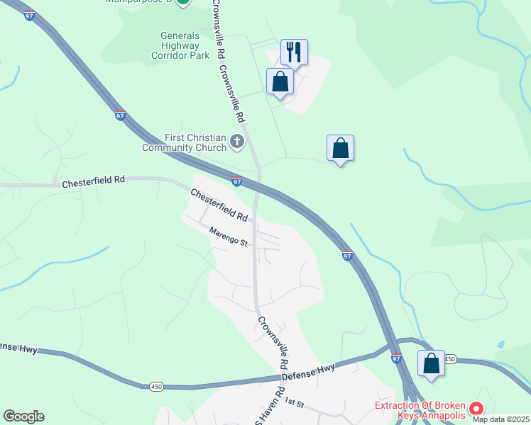 map of restaurants, bars, coffee shops, grocery stores, and more near 1839 Crownsville Road in Annapolis