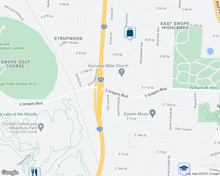 map of restaurants, bars, coffee shops, grocery stores, and more near 7404 East Gregory Boulevard in Kansas City