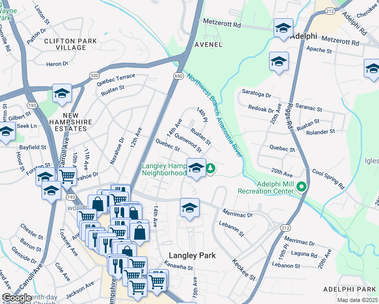 map of restaurants, bars, coffee shops, grocery stores, and more near 1418 Quebec Street in Hyattsville