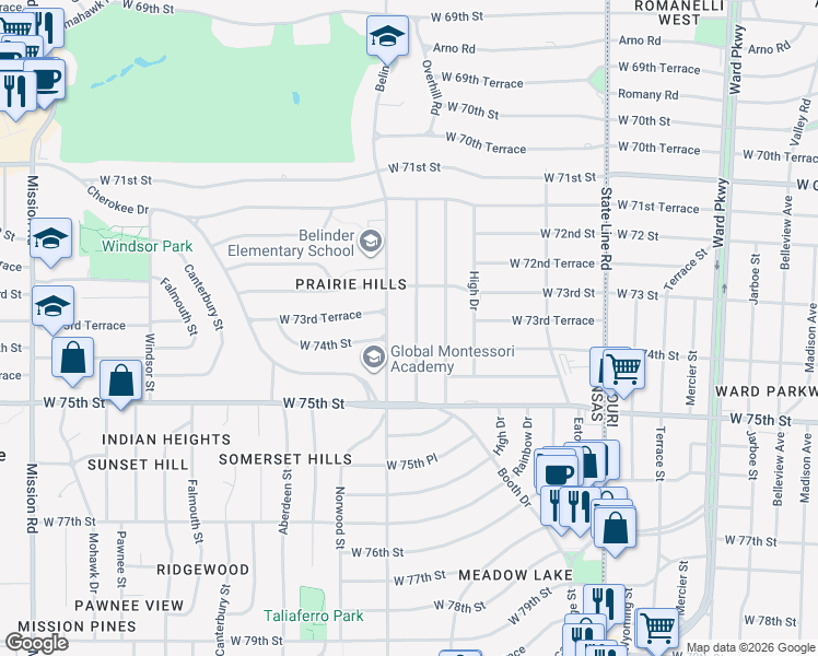 map of restaurants, bars, coffee shops, grocery stores, and more near 7336 Springfield Street in Prairie Village