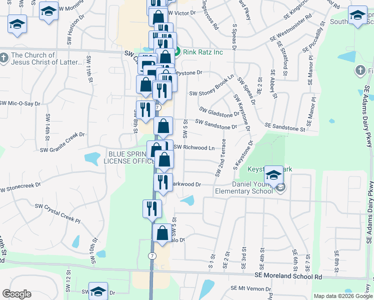 map of restaurants, bars, coffee shops, grocery stores, and more near 418 Southwest Richwood Lane in Blue Springs