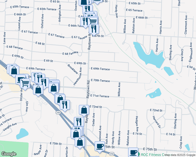 map of restaurants, bars, coffee shops, grocery stores, and more near 10112 East 70th Terrace in Raytown