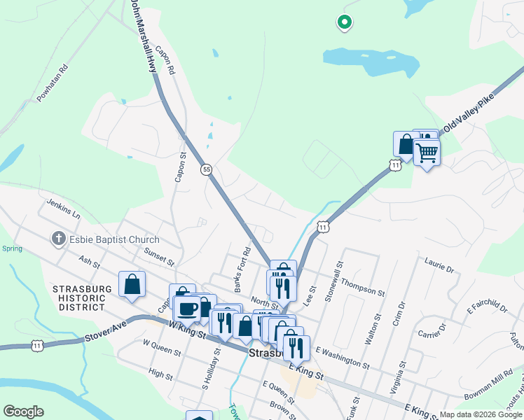 map of restaurants, bars, coffee shops, grocery stores, and more near 410 Pendleton Lane in Strasburg