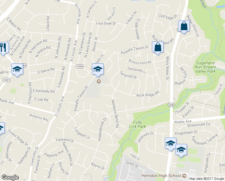 map of restaurants, bars, coffee shops, grocery stores, and more near 12599 Rock Ridge Road in Herndon