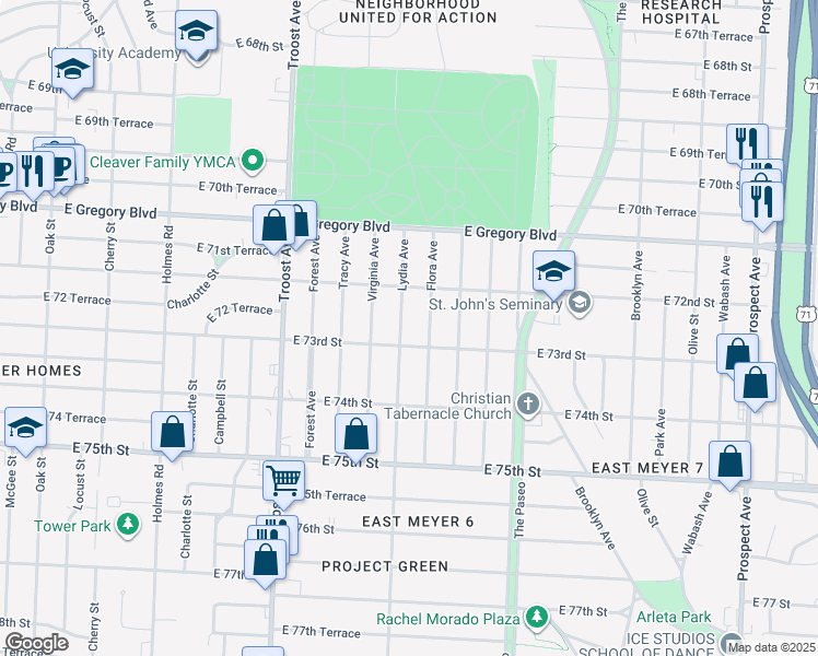 map of restaurants, bars, coffee shops, grocery stores, and more near 7233 Lydia Avenue in Kansas City