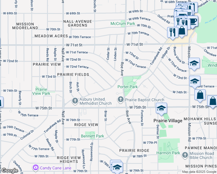 map of restaurants, bars, coffee shops, grocery stores, and more near 4900 Tomahawk Road in Prairie Village
