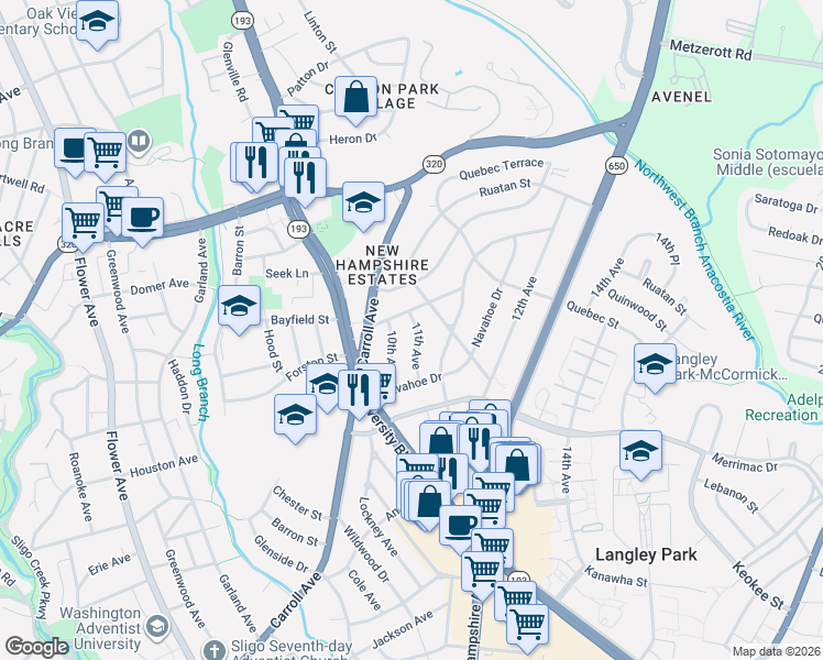 map of restaurants, bars, coffee shops, grocery stores, and more near 8418 11th Avenue in Silver Spring