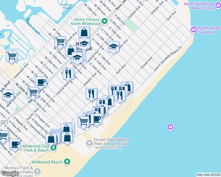 map of restaurants, bars, coffee shops, grocery stores, and more near 413 East 17th Avenue in North Wildwood