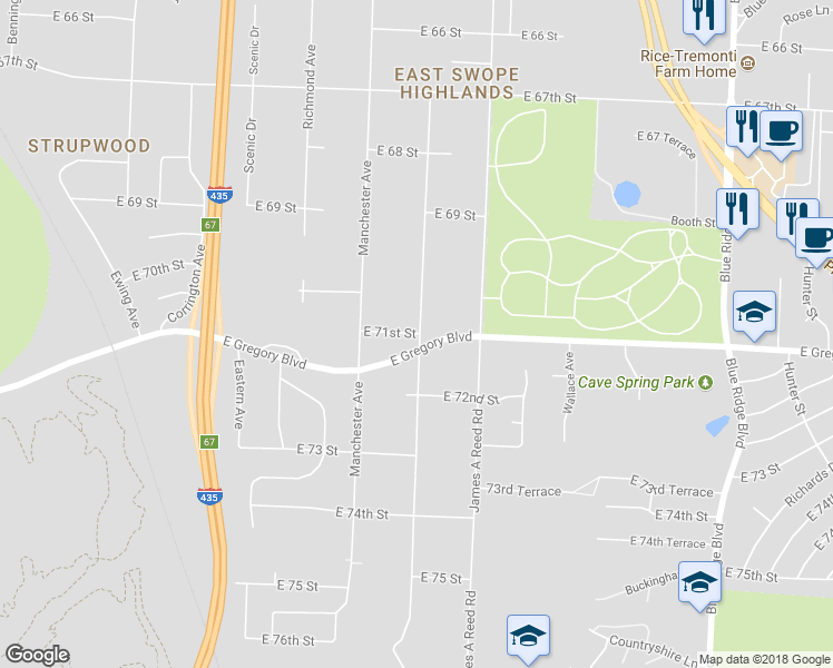 map of restaurants, bars, coffee shops, grocery stores, and more near 11418 East 71st Street in Kansas City