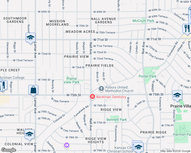 map of restaurants, bars, coffee shops, grocery stores, and more near 7332 Birch Street in Prairie Village