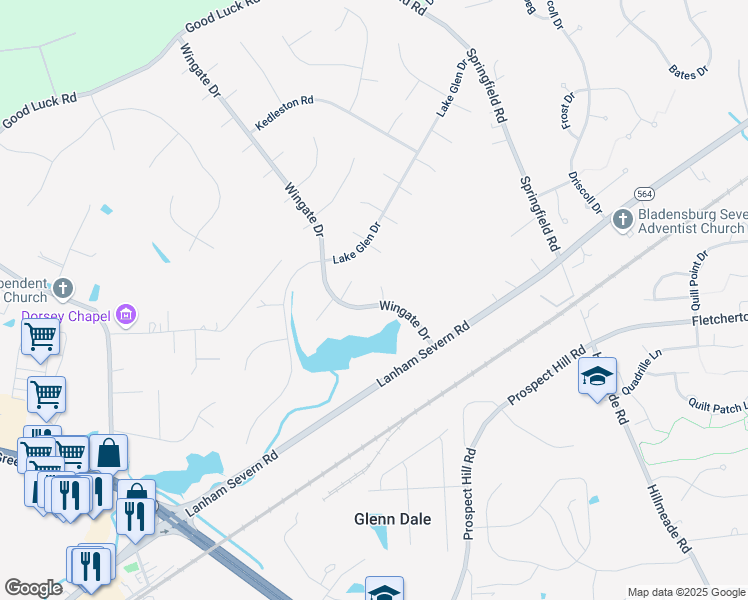 map of restaurants, bars, coffee shops, grocery stores, and more near 7709 Wingate Drive in Glenn Dale