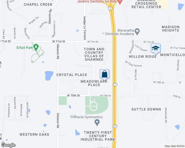 map of restaurants, bars, coffee shops, grocery stores, and more near 23501 West 73rd Street in Shawnee