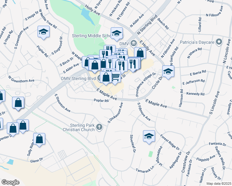 map of restaurants, bars, coffee shops, grocery stores, and more near 11 Providence Square in Sterling