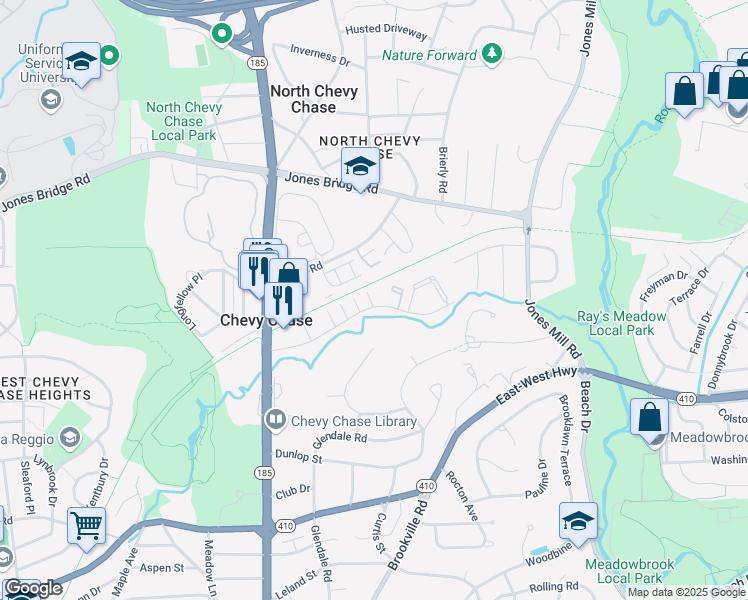 map of restaurants, bars, coffee shops, grocery stores, and more near 3605 Chevy Chase Lake Drive in Chevy Chase