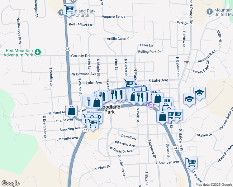 map of restaurants, bars, coffee shops, grocery stores, and more near 205 Pine Street in Woodland Park