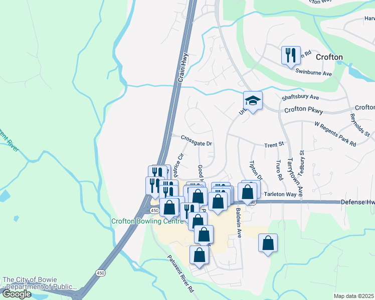 map of restaurants, bars, coffee shops, grocery stores, and more near 1655 Patrice Circle in Crofton