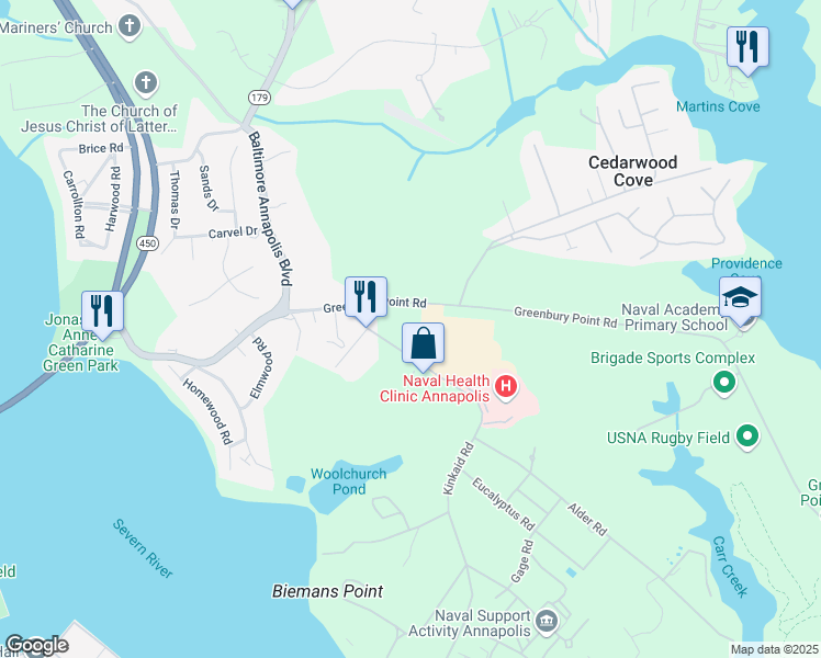 map of restaurants, bars, coffee shops, grocery stores, and more near 347 Kinkaid Road in Annapolis