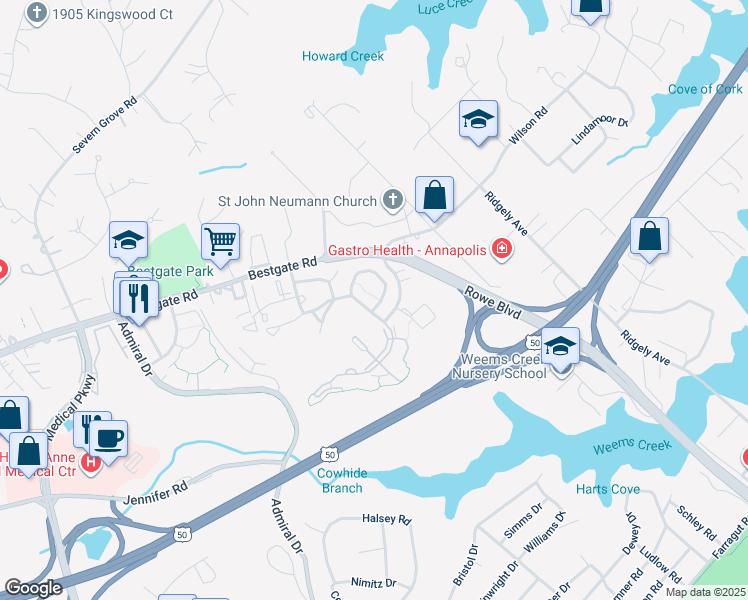 map of restaurants, bars, coffee shops, grocery stores, and more near 765 Howards Loop in Annapolis