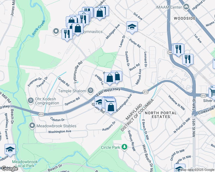 map of restaurants, bars, coffee shops, grocery stores, and more near 23 East-West Highway in Silver Spring