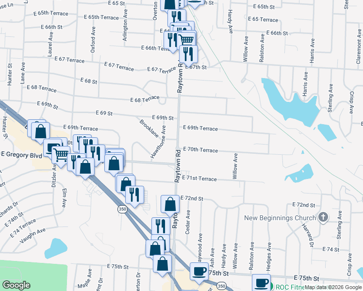 map of restaurants, bars, coffee shops, grocery stores, and more near 7005 Raytown Road in Raytown