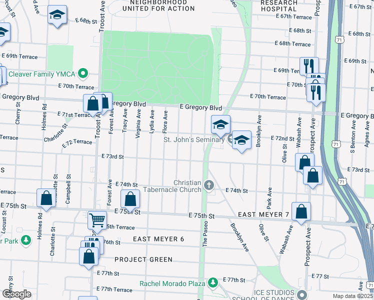 map of restaurants, bars, coffee shops, grocery stores, and more near 7230 Highland Ave in Kansas City