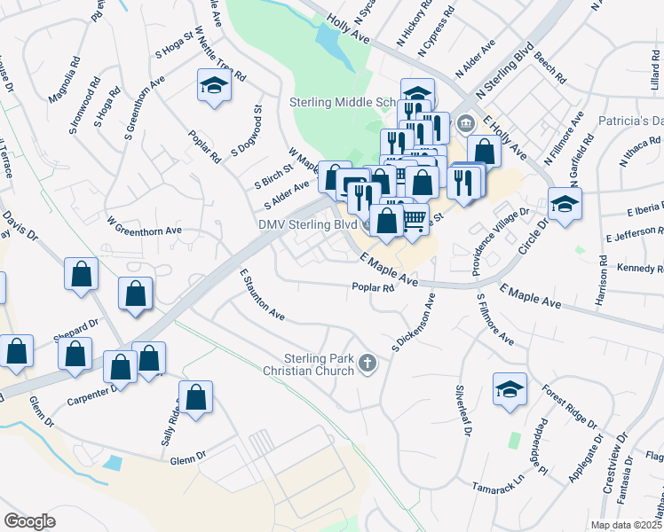 map of restaurants, bars, coffee shops, grocery stores, and more near 728 Colonial Avenue in Sterling