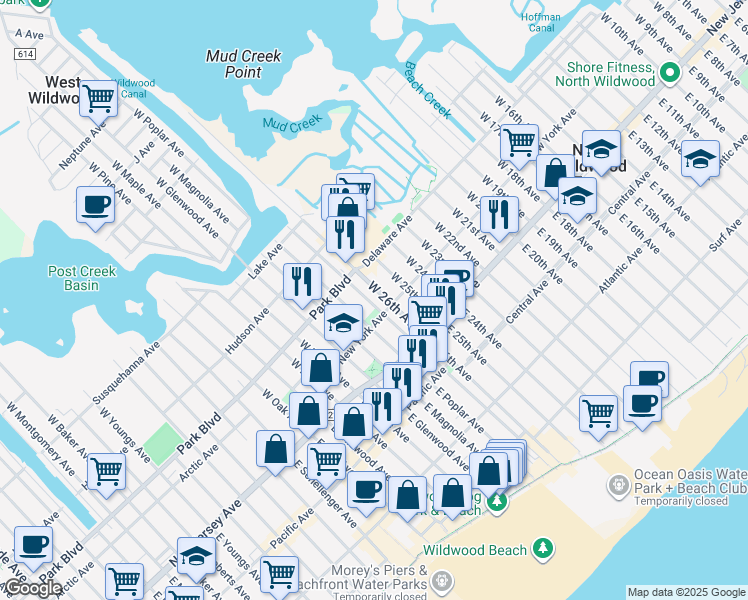 map of restaurants, bars, coffee shops, grocery stores, and more near 211 West Juniper Avenue in Wildwood