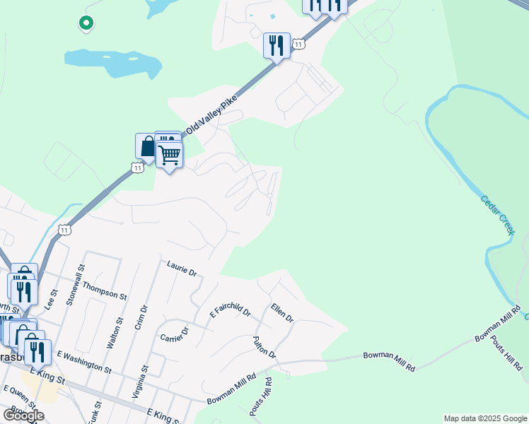 map of restaurants, bars, coffee shops, grocery stores, and more near 46 Courtney Circle in Strasburg