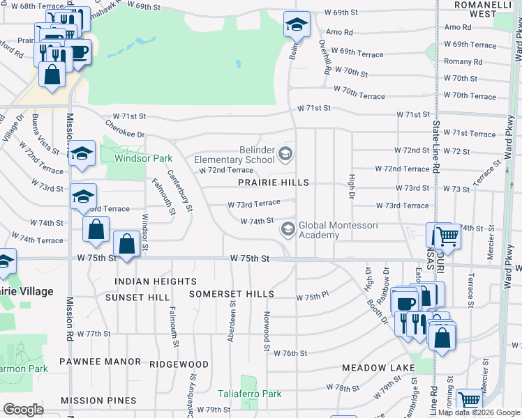 map of restaurants, bars, coffee shops, grocery stores, and more near 2819 West 73rd Terrace in Prairie Village