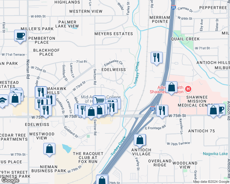 map of restaurants, bars, coffee shops, grocery stores, and more near 7300 Kings Cove Drive in Merriam
