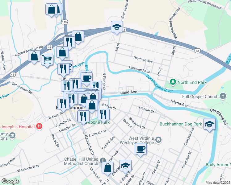 map of restaurants, bars, coffee shops, grocery stores, and more near 8 Island Avenue in Buckhannon