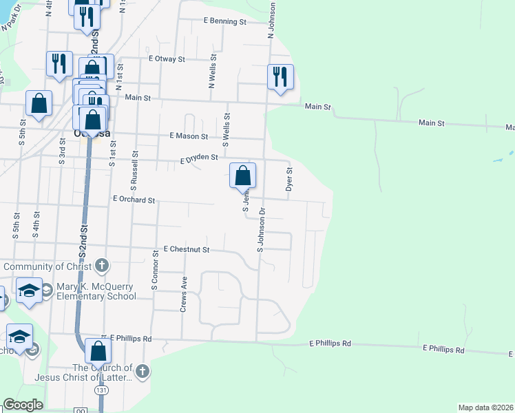 map of restaurants, bars, coffee shops, grocery stores, and more near 404 South Jennings Street in Odessa