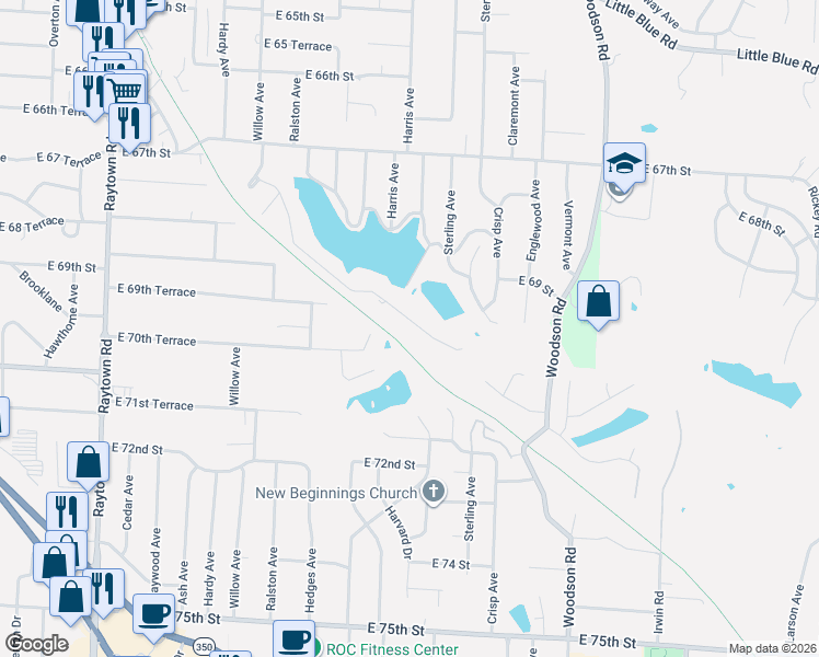 map of restaurants, bars, coffee shops, grocery stores, and more near 7020 Lakeshore Drive in Raytown