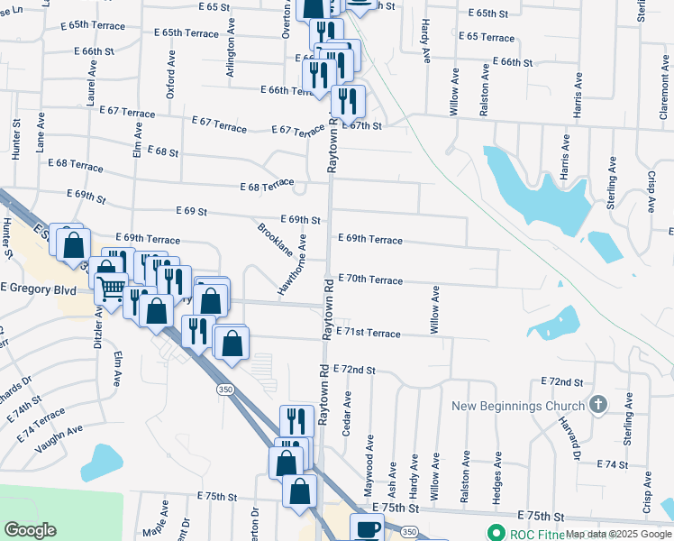 map of restaurants, bars, coffee shops, grocery stores, and more near 7005 Raytown Road in Raytown