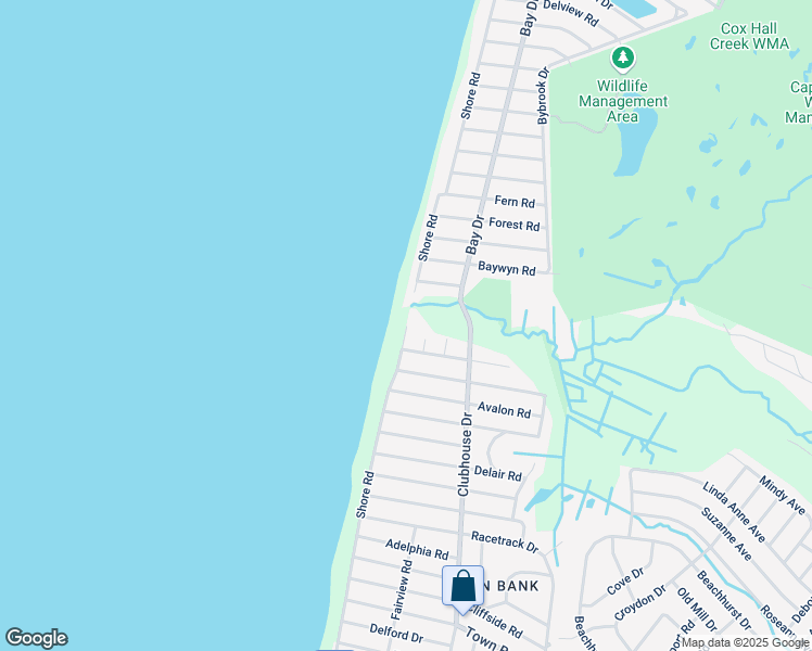 map of restaurants, bars, coffee shops, grocery stores, and more near Shore Road in Cape May