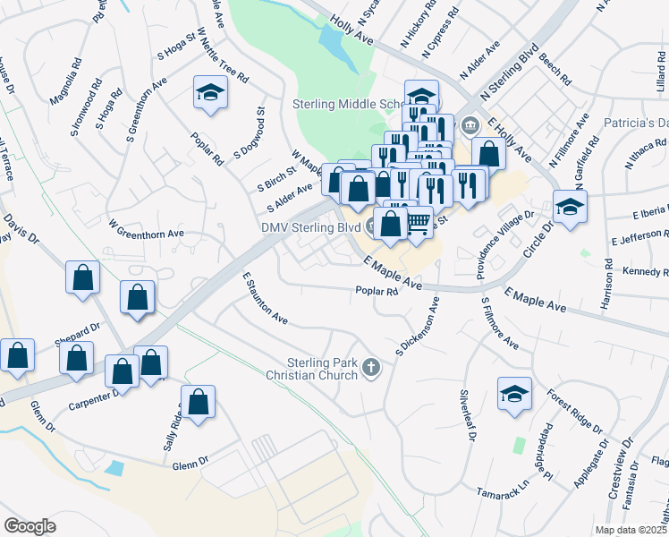 map of restaurants, bars, coffee shops, grocery stores, and more near 728 Colonial Avenue in Sterling