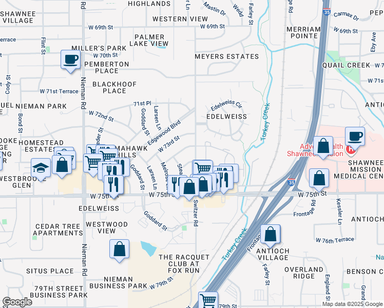 map of restaurants, bars, coffee shops, grocery stores, and more near 7314 Switzer Road in Shawnee